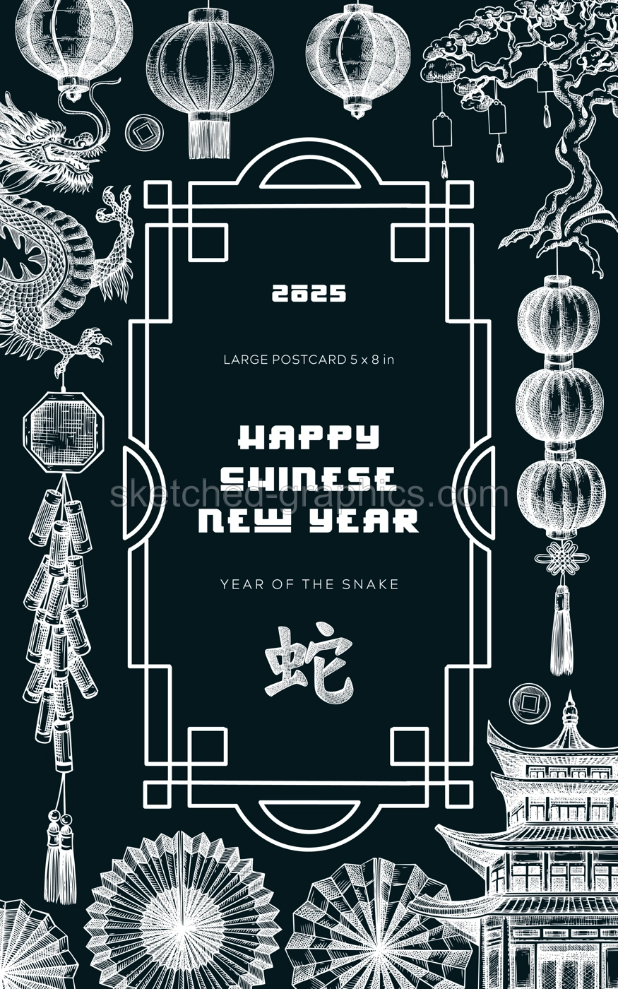 Chinese New Year postcard in Toile style. China sketches 0n chalkboard. Hand-drawn vector illustrations set. NOT AT generated Illustration